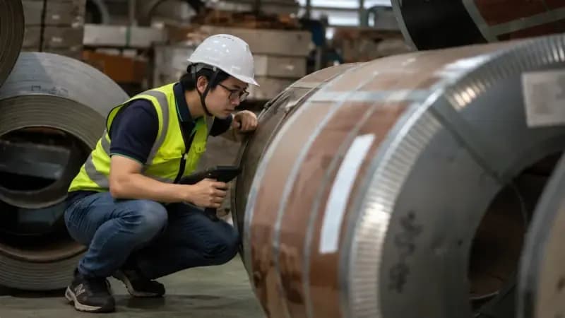 A man in a hard hat and a high-visibility vest crouching to look closely at a large metal coil