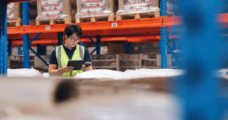 A man in a high-visibility vest using a tablet beside stored goods, seen between warehouse racks
