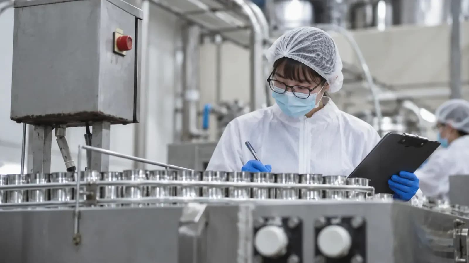 A woman in a white coverall, a hairnet and a face mask writing on a clipboard beside a line of metal cans