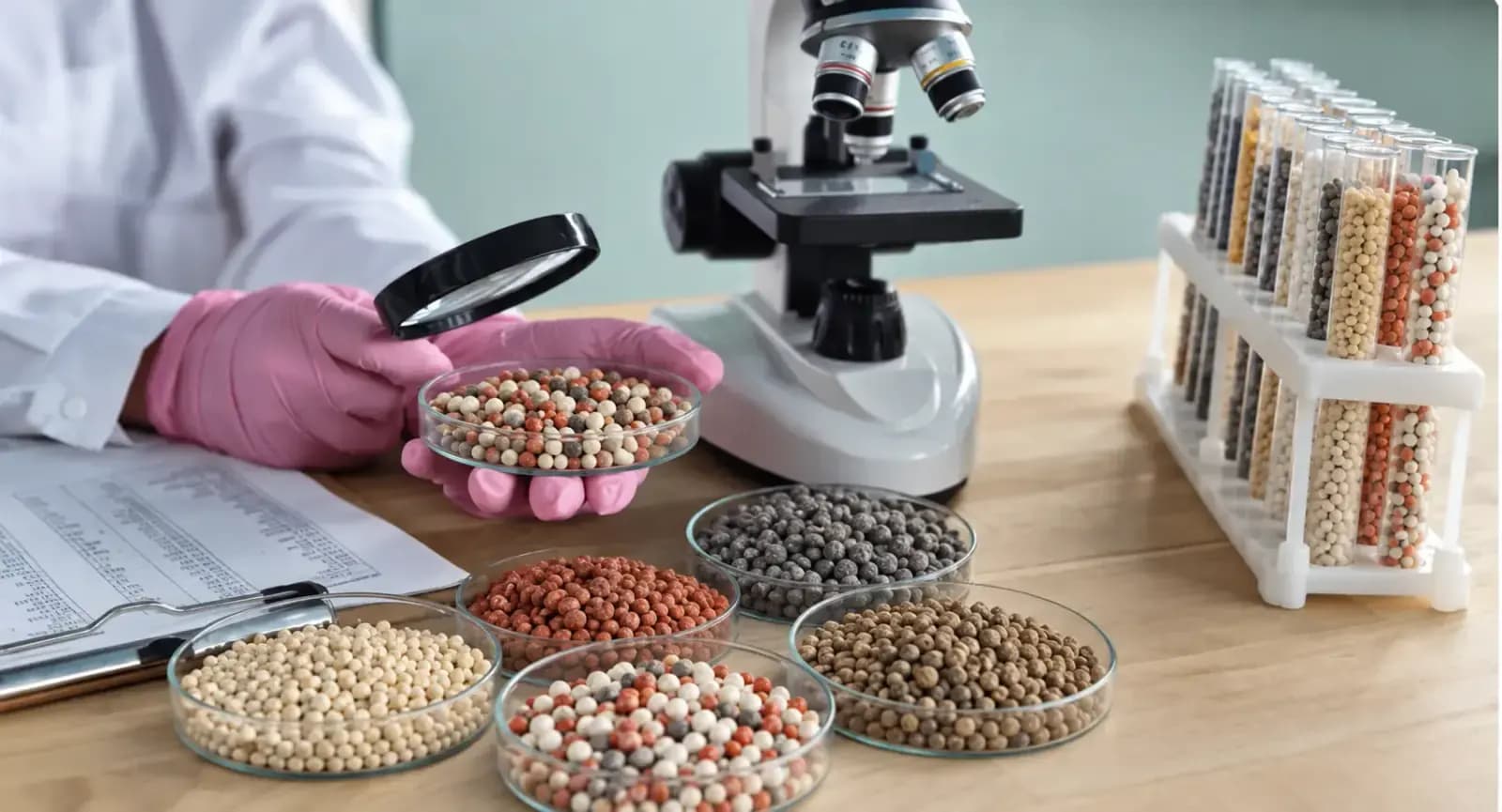 A hand holding a magnifying glass over a dish of fertilizer granules, with more sample dishes, test tubes and a microscope on the bench