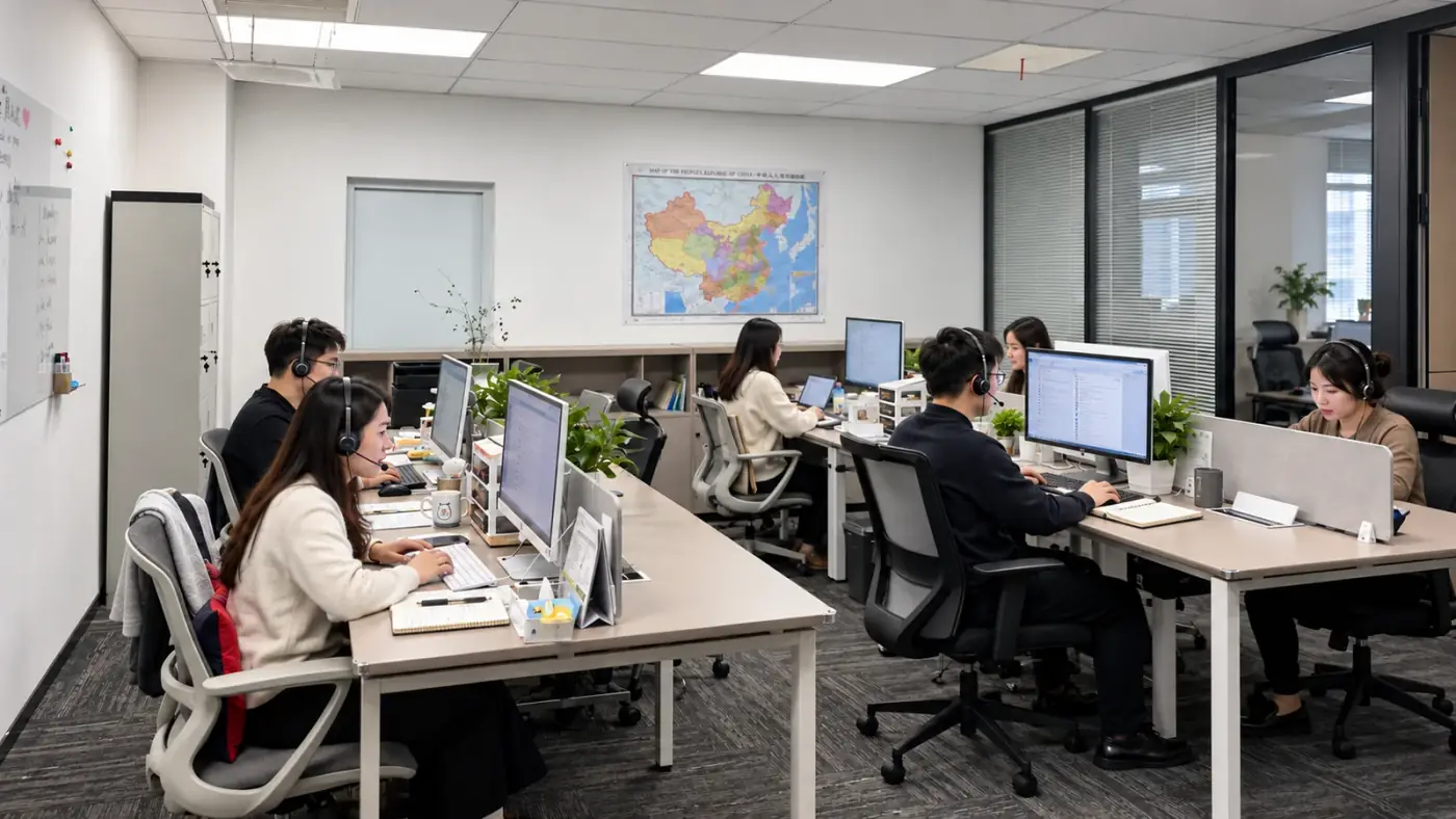 开放式办公室里,人们在工位上工作,身后的墙上挂着中国地图