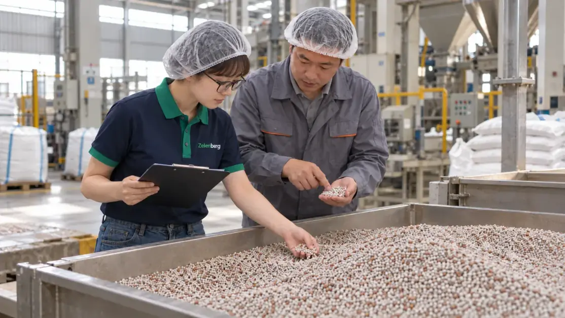 两名戴发网的人查看大料箱里的肥料颗粒,其中一人手持平板