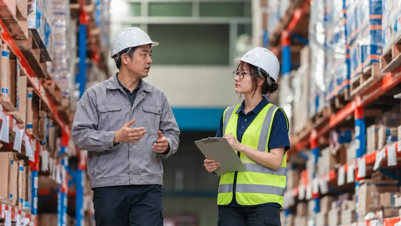 A man in grey overalls and a woman in a high-visibility vest with a clipboard, talking as they walk a warehouse aisle