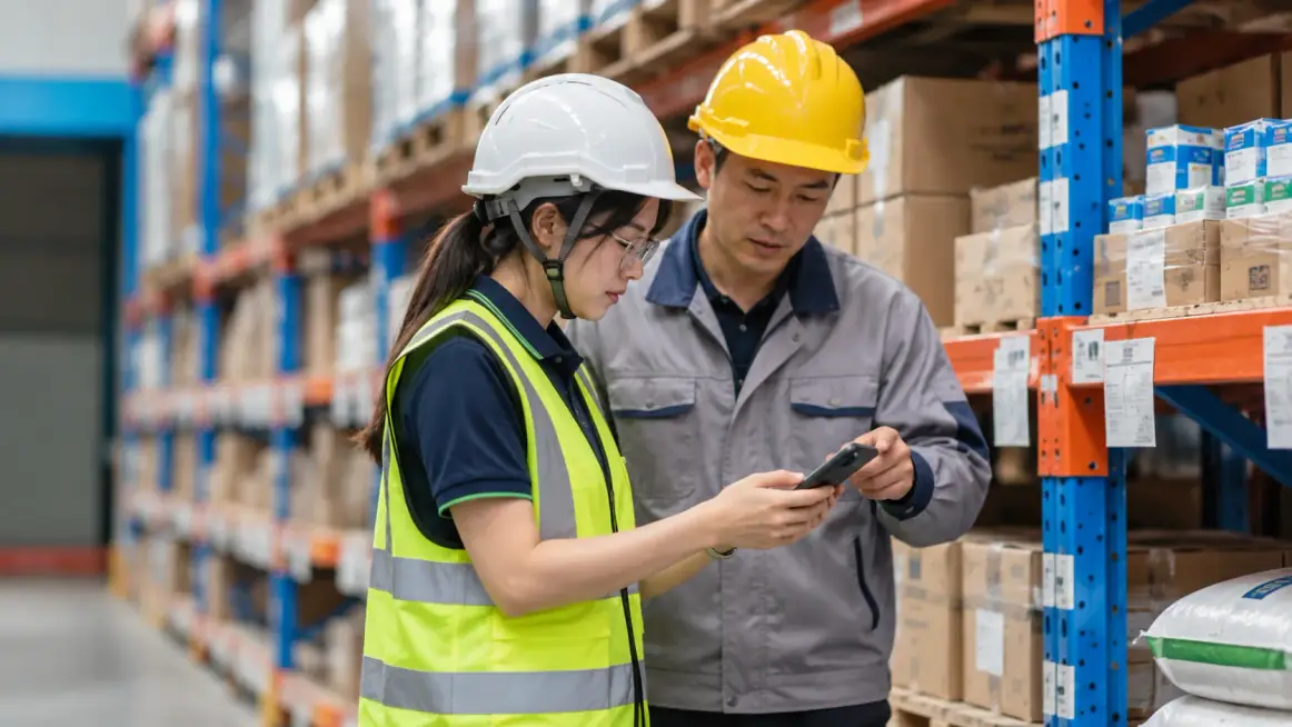 A woman in a high-visibility vest and a man in grey overalls looking together at a phone in a warehouse