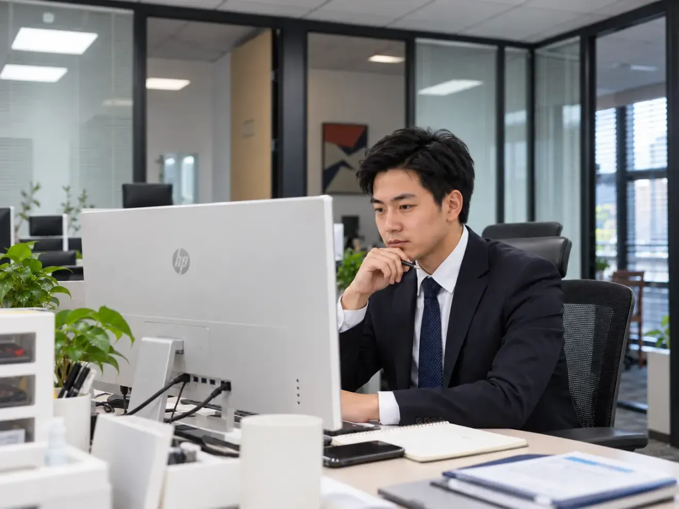 A man in a suit at an office desk, reading a monitor with his hand at his chin, plants and glass partitions behind him